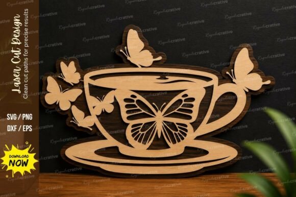 Butterfly Tea Cup Laser Cut Svg File